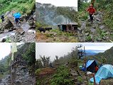 
The trail goes north From Tashigaon, crossing a few streams in a lush cloud forest, and then onto a ridge where there is a small herder’s hut. The trail levels out, and then climbs to another shepherd’s hut atop another ridge. The route now becomes steeper, switch backing on rain-soaked slippery rocks up the ridge in forests to a kharka. A stone chorten and prayer flags mark the gateway into the Makalu-Barun National Park area at the top of the ridge (3190m). The trail descends in more open country on the west side of the ridge to Unshisha (3180m), a tiny soggy meadow, where Palde, Pemba Rinjii and Pasang cleared spots for the kitchen tent and my tent. It took 3:10 to trek from Tashigaon to Unshisha. The overnight temperature was 8C with heavy rain. My tent leaked, and I had to keep moving to avoid the puddles,
